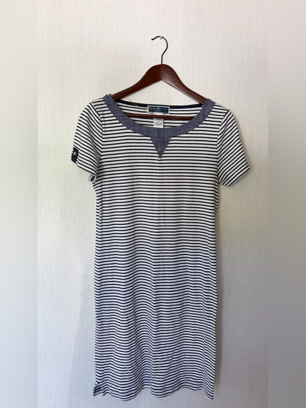 Karen Scott Navy and White Striped Tee with Chambray V-Insert